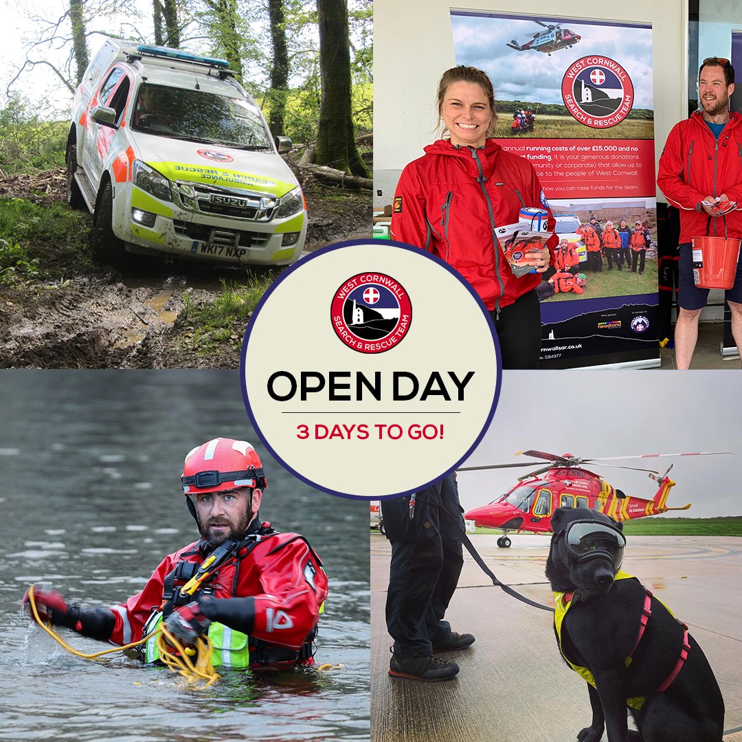 3 DAYS TO GO until our OPEN DAY!

Date: Saturday 7th September

Location: WCSAR Team HQ. Unit 10, United Downs Industrial Estate, St Day, TR16 5HY

Times: 10.30am - 2.30pm 
(drop in any time that suits you)

All welcome, especially families!