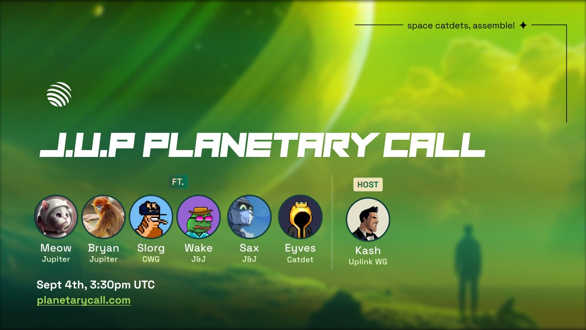 Today’s Planetary Call will be a banger mixture of Product &amp; the J.U.P!

Come and listen to <a href="/weremeow/">meow (🐱, 🐐)</a> talk about the improvements to the Jupiter Platform over the past few weeks! After which, learn more about the new Price API V2 (in beta) from one of our new engineers.

We have