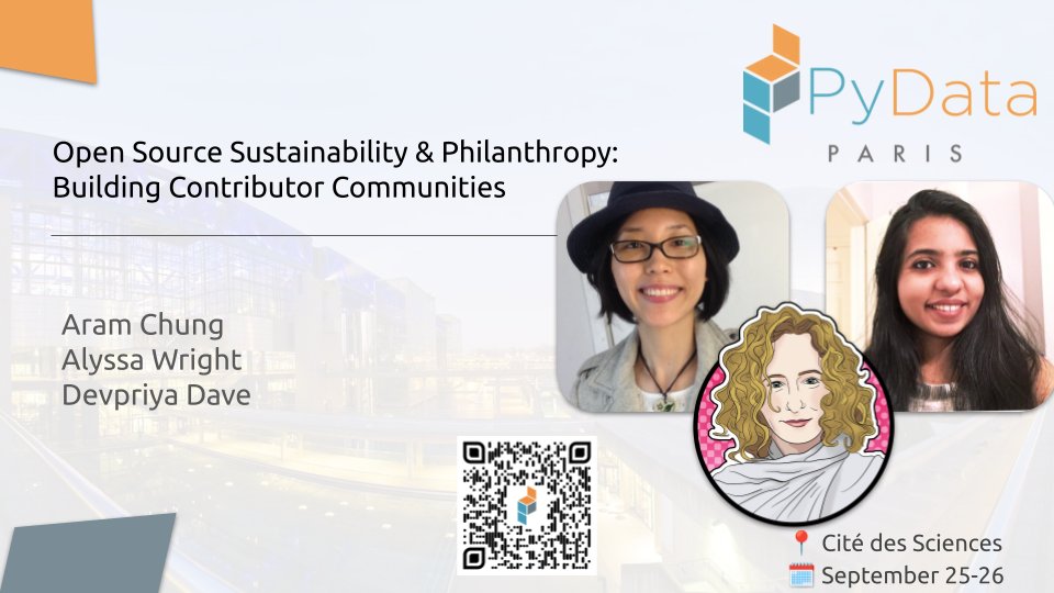 PyData Paris (@pydataparis) on Twitter photo "Open Source Sustainability & Philanthropy: Building Contributor Communities", by Aram Chung, Alyssa Wright (<a href="/alyssapwright/">Alyssa Wright</a>), and Devpriya Dave (<a href="/devpriyadave/">Devpriya Dave</a>)
📜 Abstract pretalx.com/pydata-paris-2…
📅 Schedule pydata.org/paris2024/sche…
🎟 Tickets pydata.org/paris2024/tick… "Open Source Sustainability & Philanthropy: Building Contributor Communities", by Aram Chung, Alyssa Wright (<a href="/alyssapwright/">Alyssa Wright</a>), and Devpriya Dave (<a href="/devpriyadave/">Devpriya Dave</a>)
📜 Abstract pretalx.com/pydata-paris-2…
📅 Schedule pydata.org/paris2024/sche…
🎟 Tickets pydata.org/paris2024/tick…