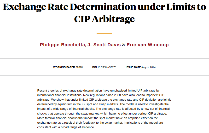 Under limited coverage-interest parity (CIP) arbitrage the exchange rate and CIP deviation are jointly determined by an equilibrium in the FX spot and swap markets, from <a href="/phbacche/">Bacchetta Philippe</a>, J. Scott Davis, and Eric van Wincoop nber.org/papers/w32876