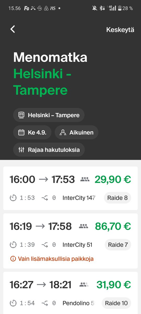 Nyt on @VRmatkalla kyllä härskiä tämä monopolin suojassa tapahtuva dynaaminen hinnoittelu. Etenkin tällaiselle peruspendelöijälle, joka suhaa Hki-Tre väliä monta kertaa viikossa ja kantaa tuhansia euroja kassaanne sarja- ja kausilipun muodossa.
#jokutolkku #monopolitpurkuun