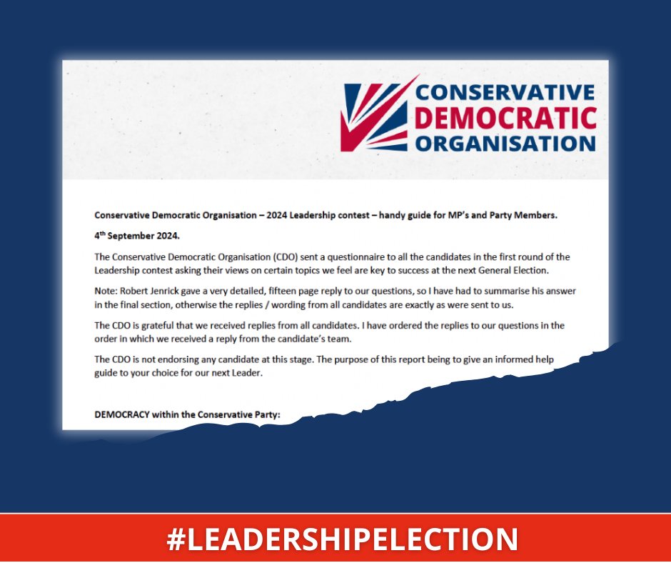 🗳️ Get informed! The 2024 #ConservativeLeadership Contest candidates have shared their vision for the future of our party. Read their responses on party reform, democracy, &amp; critical policies. #PartyDemocracy

Download the full report now: conservativedems.co.uk/conservative-l…