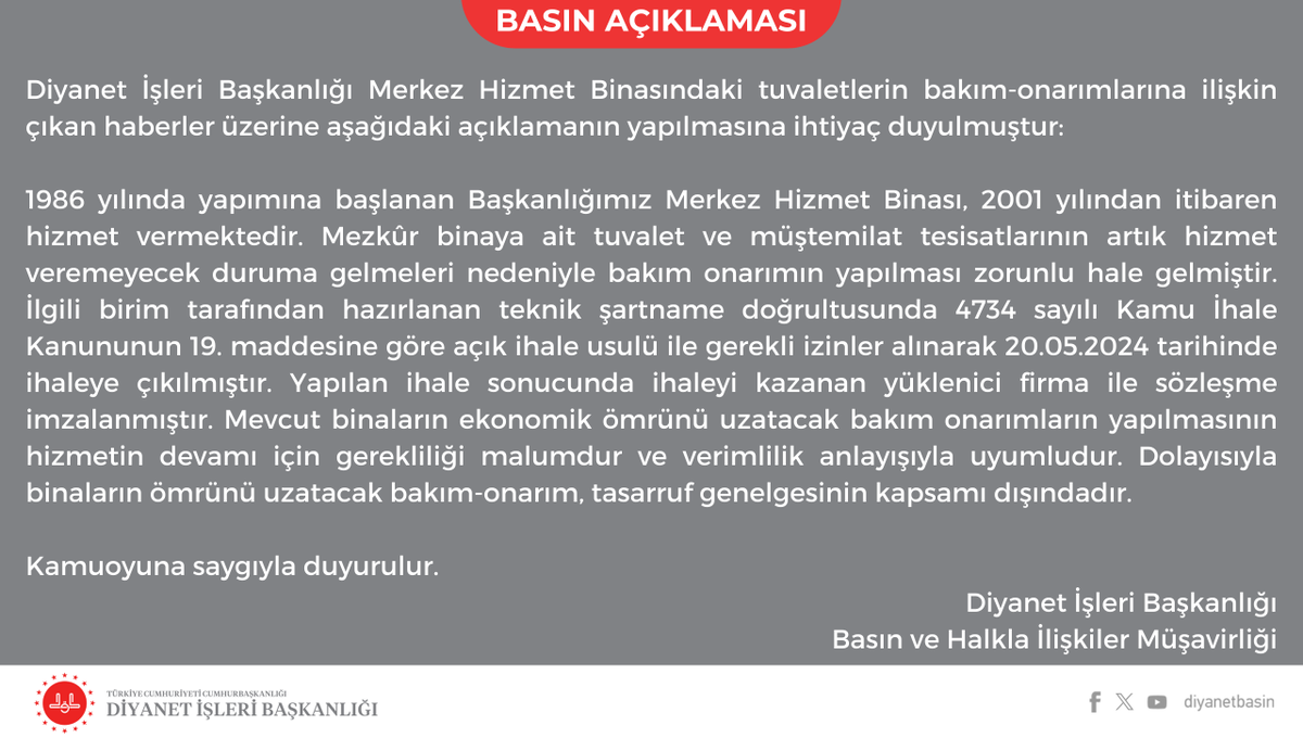 BASIN AÇIKLAMASI

Diyanet İşleri Başkanlığı, merkez hizmet binasındaki tuvaletlerin bakım-onarımlarına ilişkin çıkan haberler üzerine bir açıklama yaptı.
diyanet.gov.tr/tr-TR/Kurumsal…