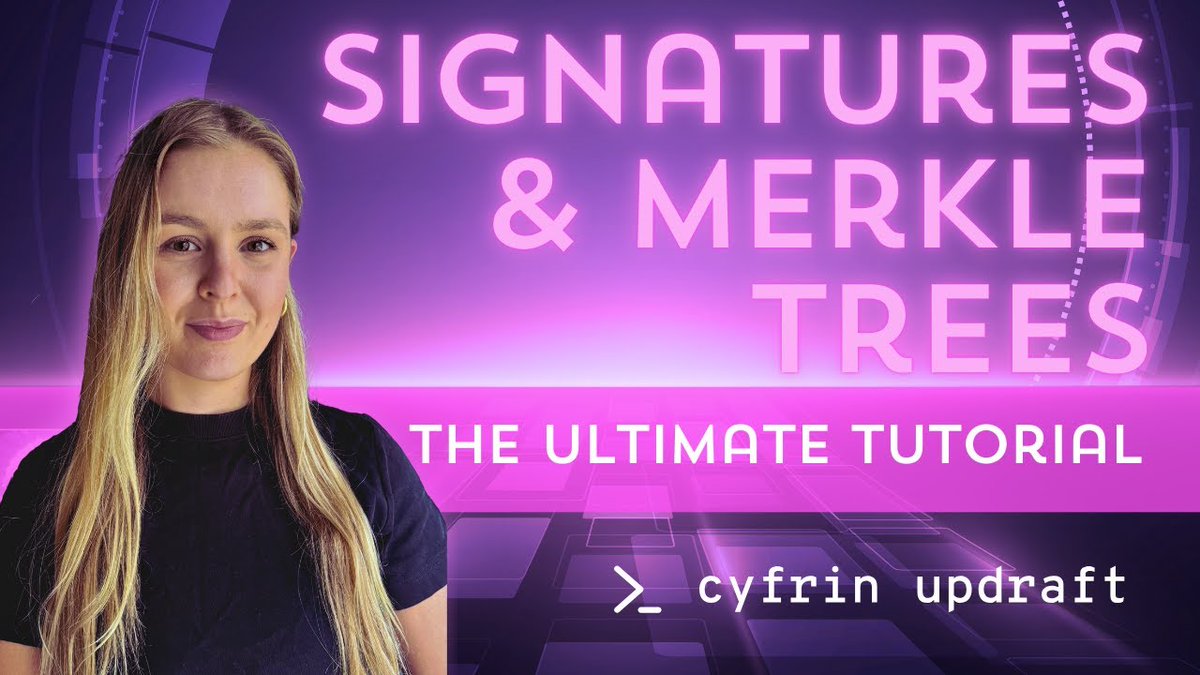 Cyfrin Updraft 🟩 (@cyfrinupdraft) on Twitter photo Build a complete Solidity project using Merkle trees and signatures from scratch! 🌲✍️💪
What is a Merkle tree and what are signatures?
How do they work and how do I build them into my smart contract?
Expert Cyfrin Updraft instructor, <a href="/ciaranightingal/">Ciara Nightingale</a> teaches you how.
👇 Build a complete Solidity project using Merkle trees and signatures from scratch! 🌲✍️💪
What is a Merkle tree and what are signatures?
How do they work and how do I build them into my smart contract?
Expert Cyfrin Updraft instructor, <a href="/ciaranightingal/">Ciara Nightingale</a> teaches you how.
👇