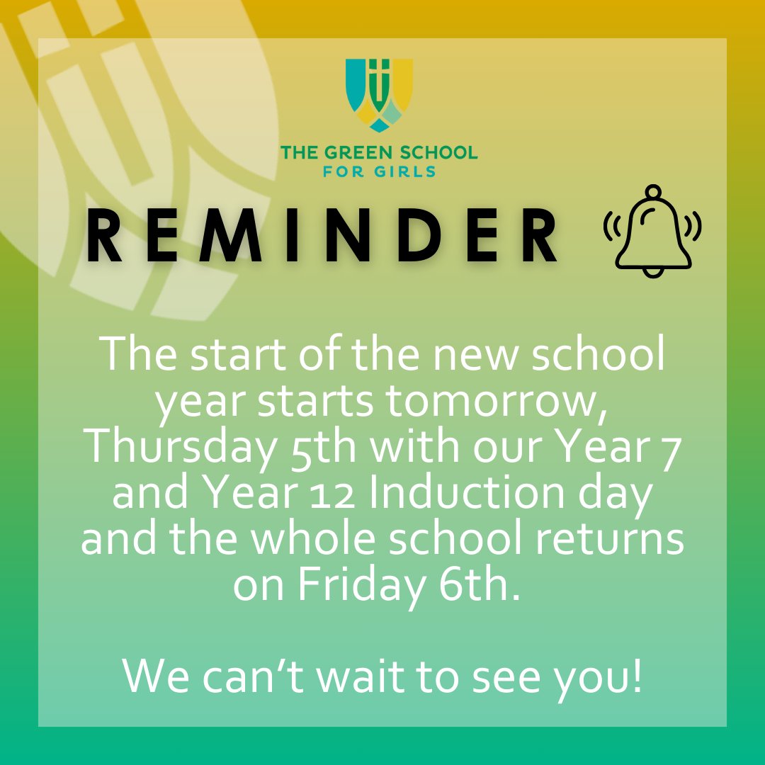Welcome back! The new academic year starts tomorrow with our Year 7 and Year 12 Induction day and on Friday the Whole School returns. We can't wait to see you!

#backtoschool #newschoolyear