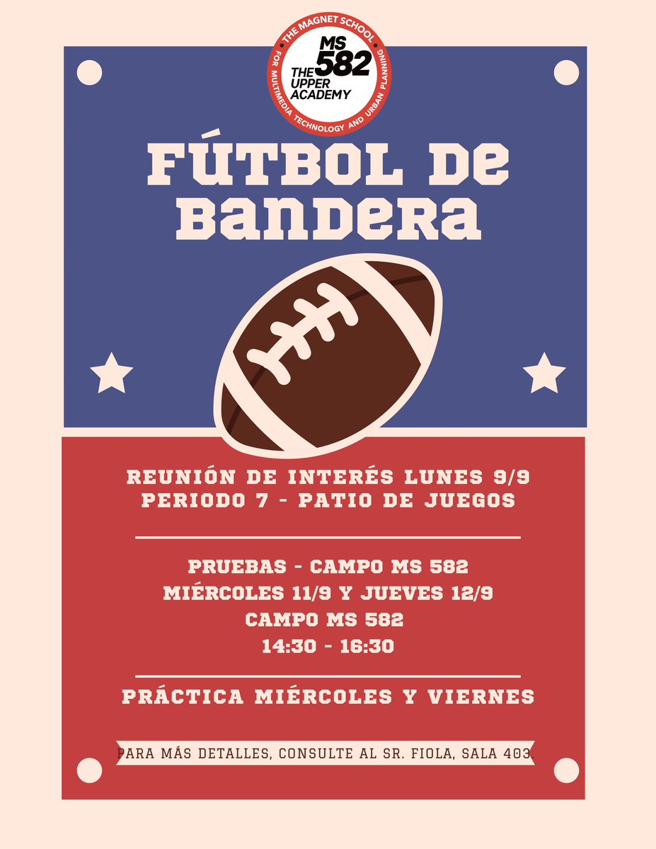 ⚽ **MS582 Fall Sports Opportunities!** 🏈

Calling all Bulldogs! This fall, we're kicking off **Soccer** and **Flag Football** for all students. Get ready to hit the field and show your skills!

📅 **See flyer for details.** 

More sports coming soon – stay tuned! 💪 #MS582