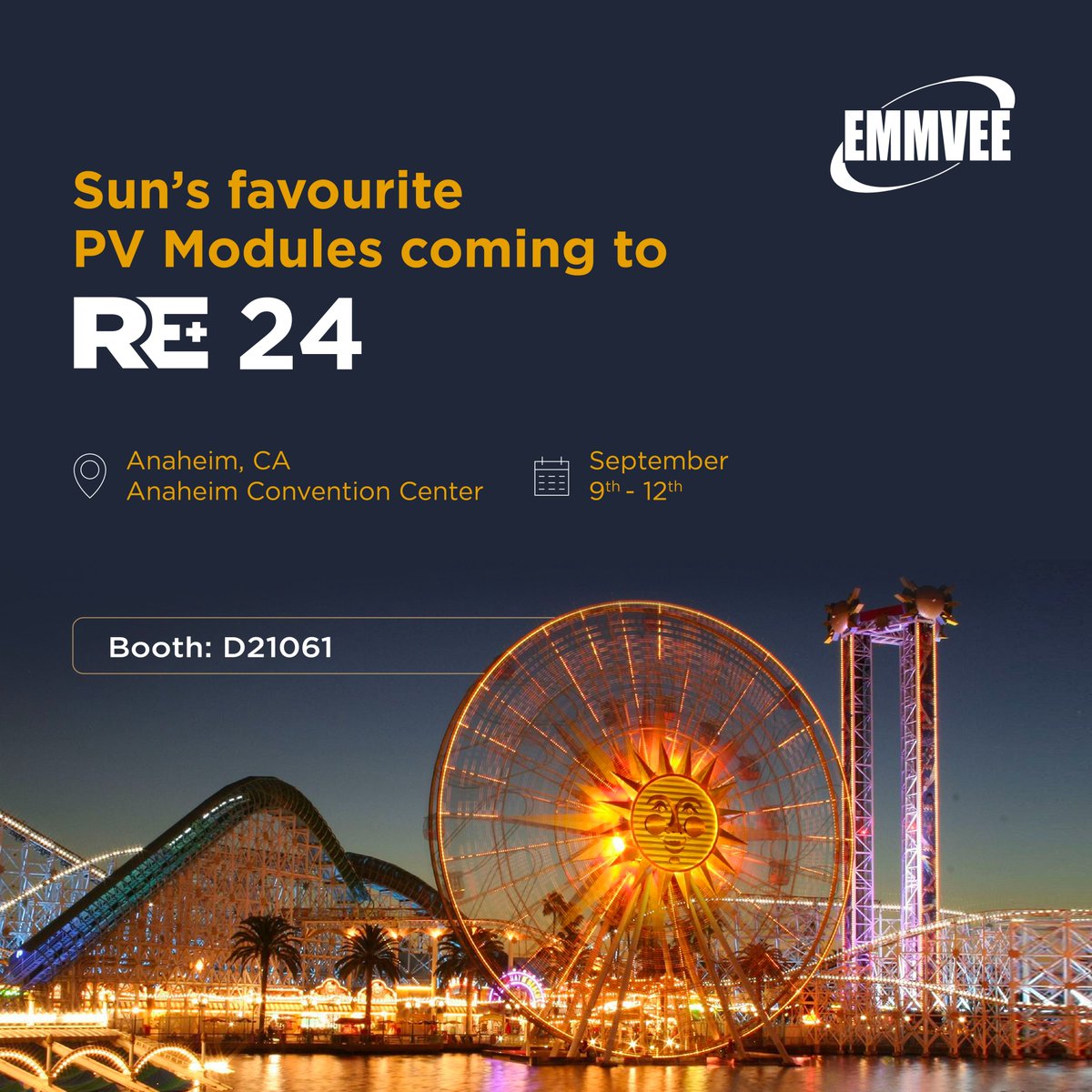 We’re bringing the future of solar energy at the RE+ 2024! Visit EMMVEE at Booth D21061 and explore our latest PV modules. Anaheim Convention Center, September 9th-12th.

#SolarEnergy #REplus2024 #EmmveeGroup #SolarTechnology #Emmvee #Energy