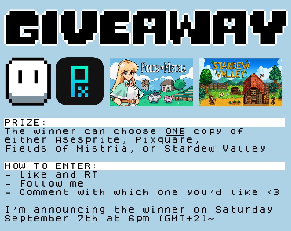 ✨Giveaway✨

The winner can choose ONE copy of either Asesprite, Pixquare, Fields of Mistria, or Stardew Valley!

How to enter:
✨ Like and RT
✨ Follow me
✨ Comment with which one you'd like!

Winner announced September 7th~

I hope you'll stick around for my cute pixel art ☺️