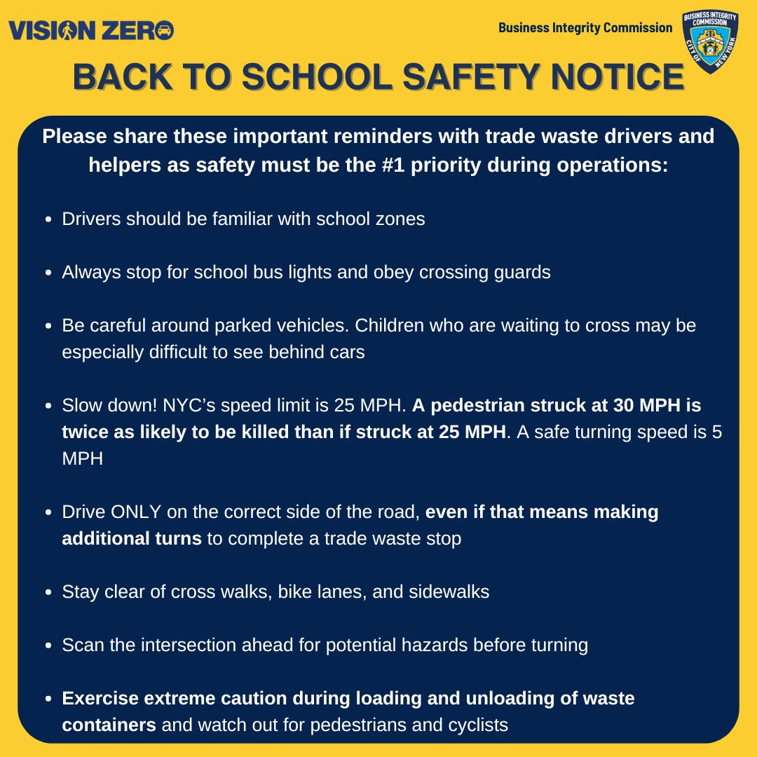 ⚠️NYC public schools are back in session tomorrow! It's more important than ever that safety is the top priority for all trade waste drivers on the road #VisionZero #VisionZeroNYC #roadsafety #safetyfirst #backtoschool
Edited · 42s