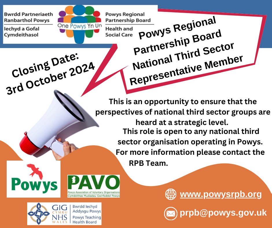 Powys Regional Partnership Board is recruiting a National Third Sector Representative.

Apply by Thursday, 3rd October 2024.

For details, contact: prpb@powys.gov.uk