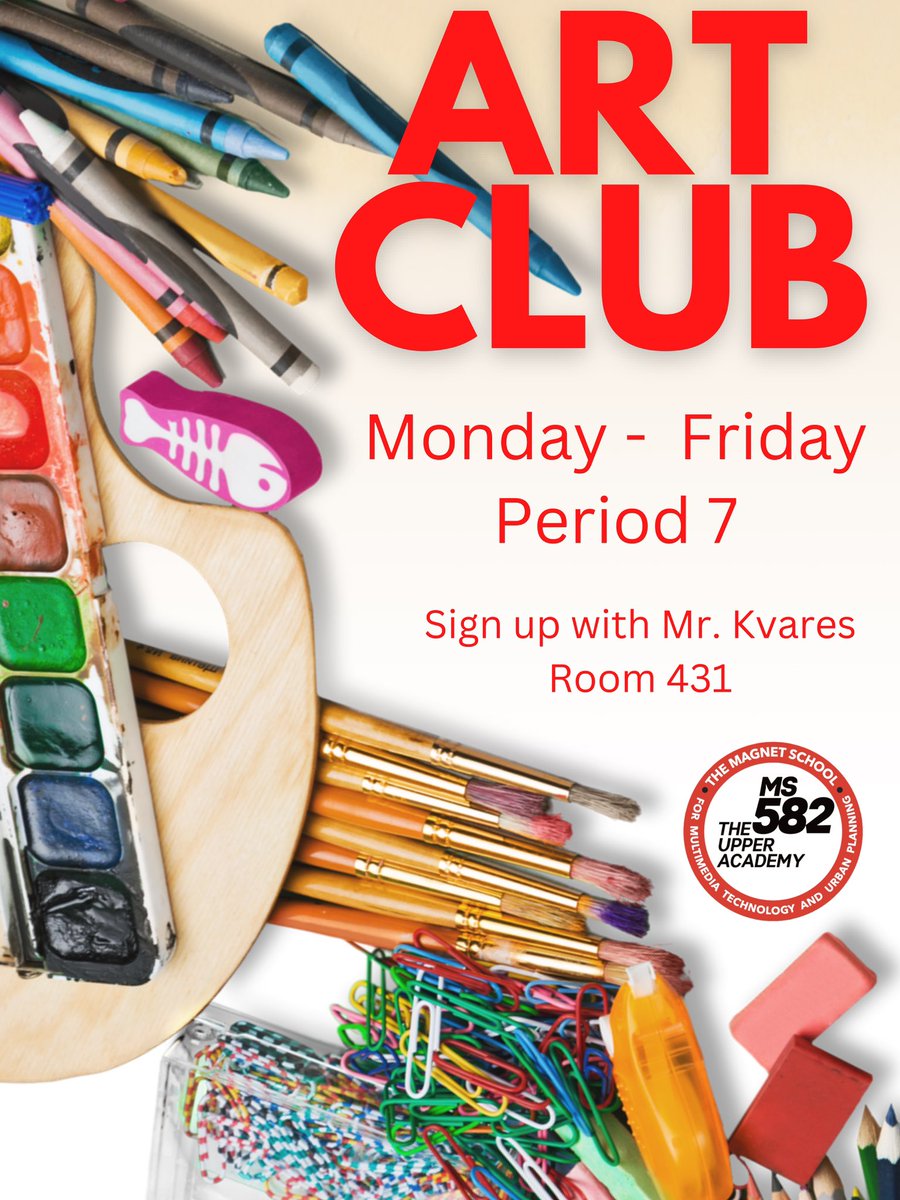 🎨 **MS582 Lunch Clubs Are Back!** 🎵

Join us for some fun and creativity during lunch! We’re excited to offer clubs in **Yoga**, **Music**, and **Art** this season. It’s a great way to relax, express yourself, and connect with friends!

✨ **More clubs coming soon!**