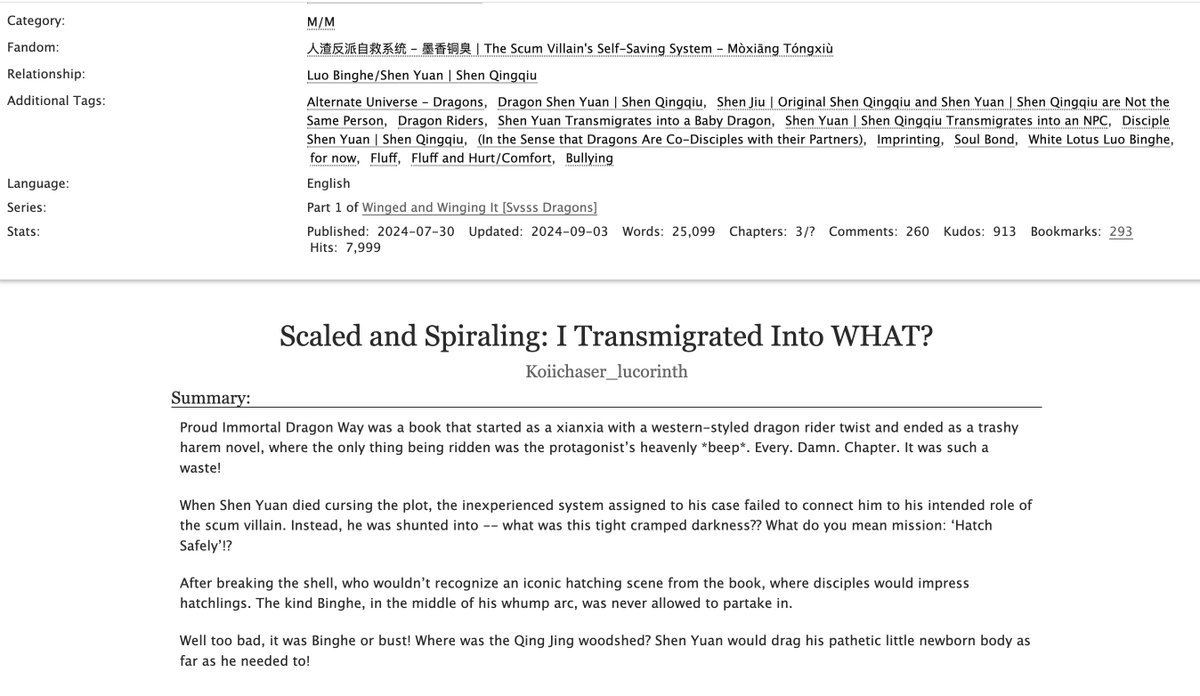 koiichaser's tweet image. SCALED AND SPIRALING: I TRANSMIGRATED INTO WHAT?
SVSSS fic featuring:
🐉Baby dragon Shen Yuan!
🐉Bunhe’s Protective Speedrun into Blackening
🐉Amazing art by Sini
🔗Link In Comments!