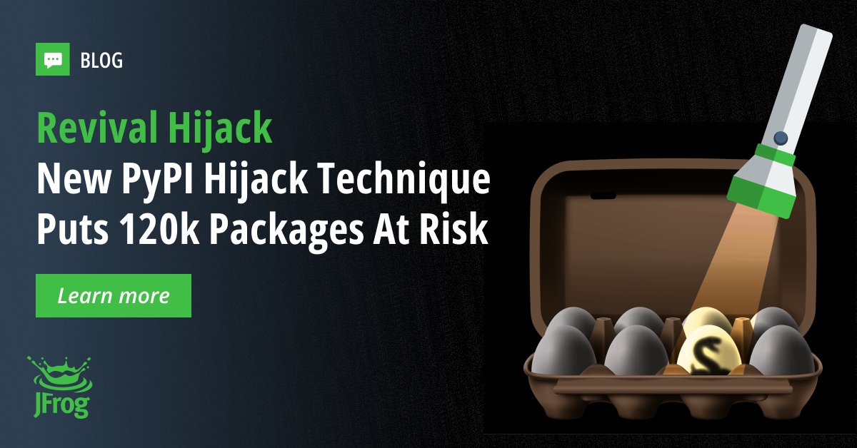 JFrogSecurity's tweet image. 🚨Over 22k packages are vulnerable (or over 120k by looser measurement) to a new #SoftwareSupplyChain attack vector: Hijacking abandoned #PyPI packages.
Potentially critical for orgs relying on abandoned packages, learn more about our team's discovery: jfrog.co/4gpsbUH