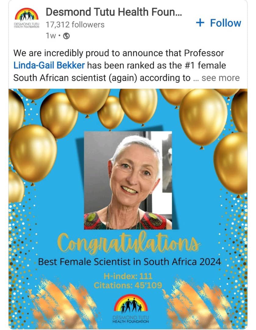 🎉🌟 Congratulations to our Advisory Board member, Dr. Linda Gale <a href="/LindaGailBekker/">Linda-Gail Bekker</a>, on being named South Africa's Best Female Scientist of 2024! Your groundbreaking work continues to inspire us all. Here's to even greater heights! 🌍💫 #WomenInScience #Inspiration #PaCeMAfro