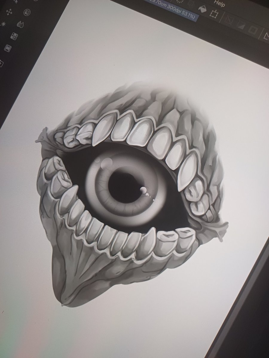 DeusJet's tweet photo. Work in progress of a tattoo design for one of you lovely Sinners! Stay tuned for the finished result... ;D 

Want to order art for yourself or a friend? Just send me a message!

#tattoo #tattoodesign #eye #teeth #digitalart #noai #darkvibes #halloween #deusjet #clipstudio https://t.co/6U6zQdDljP