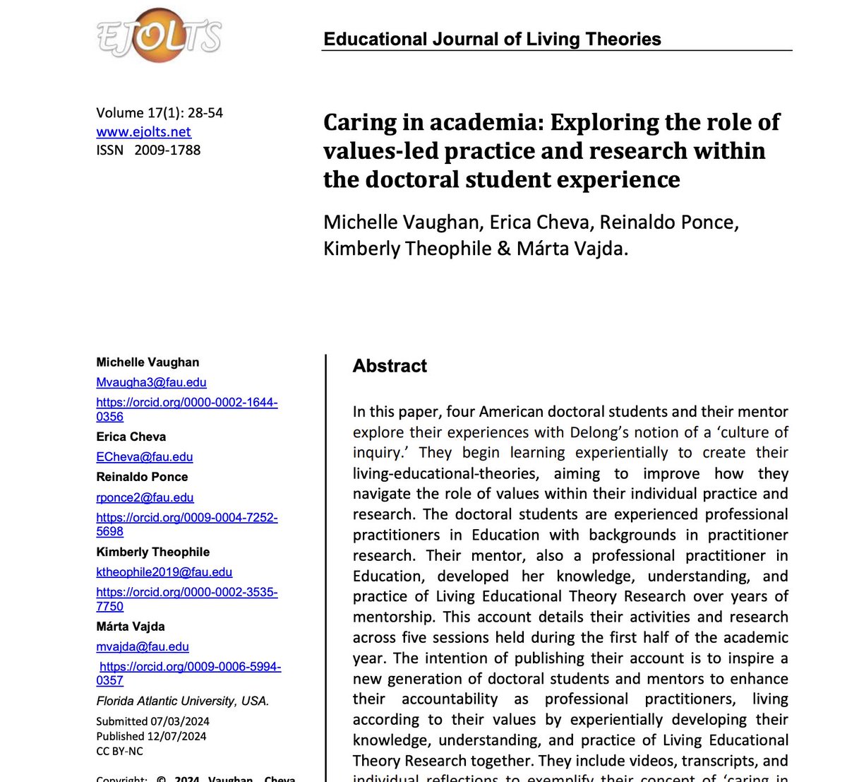 Congratulations to
<a href="/DrMVaughan/">Michelle Vaughan</a>
&amp; colleagues on having their fabulous paper on care in academia published in EJOLTs.  ejolts.net/files/405paper……. They show how they create living-educational-theories, as they explore their values within their practice.
<a href="/inclusivegandt/">Marie</a>
<a href="/YoSwaroop/">Swaroop Sampat Rawal</a>