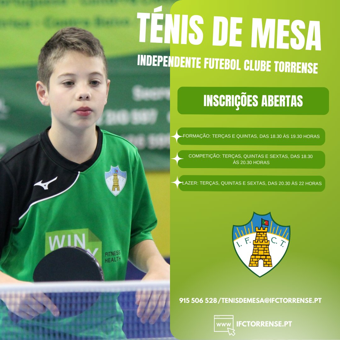 🏓𝗜𝗻𝘀𝗰𝗿𝗲𝘃𝗲-𝘁𝗲 𝗻𝗼 𝘁é𝗻𝗶𝘀 𝗱𝗲 𝗺𝗲𝘀𝗮 𝗱𝗼 𝗜𝗙𝗖𝗧 🏓

Queres praticar desporto e ao mesmo tempo fazer parte de uma equipa dinâmica, com aposta na formação?

Inscreve-te no ténis de mesa do Independente Futebol Clube Torrense!

 IFCT, juntos somos mais fortes! 💪