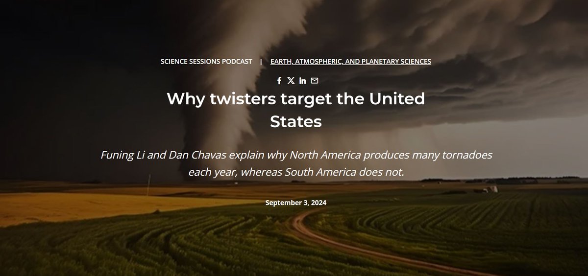 No other area on Earth comes close to the number of tornadoes in the Midwestern U.S. Funing Li (<a href="/PurdueEAPS/">Purdue EAPS</a> / <a href="/MIT/">Massachusetts Institute of Technology (MIT)</a>) &amp; Prof. Dan Chavas (<a href="/PurdueEAPS/">Purdue EAPS</a>) explain why on the <a href="/PNASNews/">PNASNews</a> Science Sessions Podcast. purduesci.com/4dQxcDM #thenextgiantleap <a href="/funing11/">Funing Li</a> <a href="/danchavas/">Dan Chavas</a> <a href="/LifeAtPurdue/">Purdue University</a>