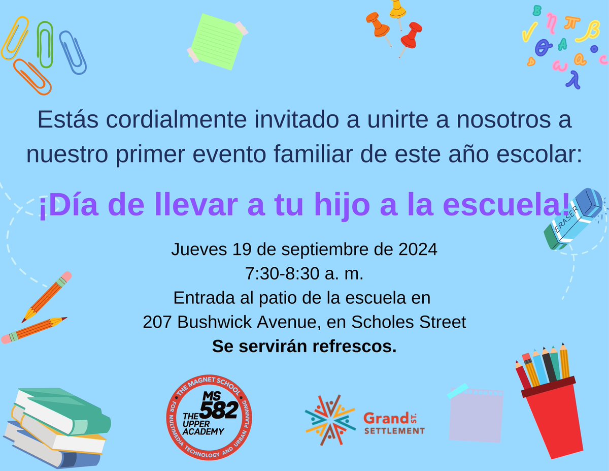 📚 **Parent Take Your Child to School Day!** 🏫

We’re excited to invite parents to join us for **Parent Take Your Child to School Day**

👉 **See flyer for more info.** 

We look forward to seeing you there! #MS582 #ParentTakeYourChildToSchoolDay #SchoolCommunity #GetInvolved