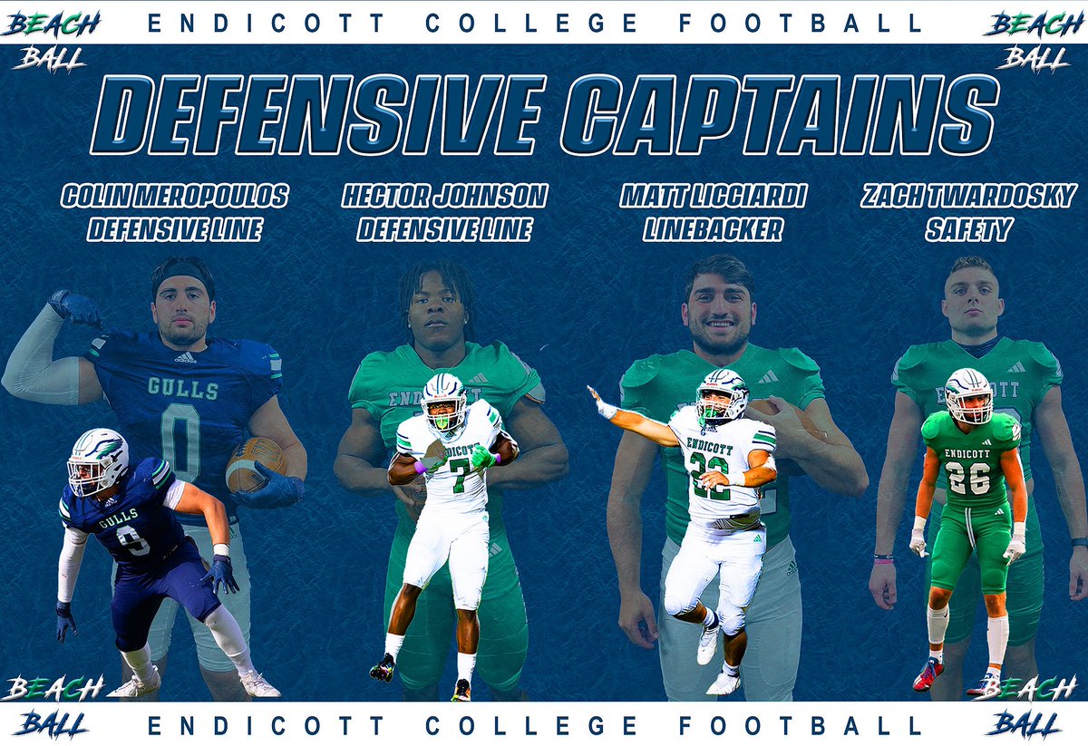 We are excited to announce the 2024 <a href="/EndicottFB/">Endicott College Football</a> Defensive Captains‼️ 
#BeachBall 🏈🐦🏖️#BeachVib24☀️🌊