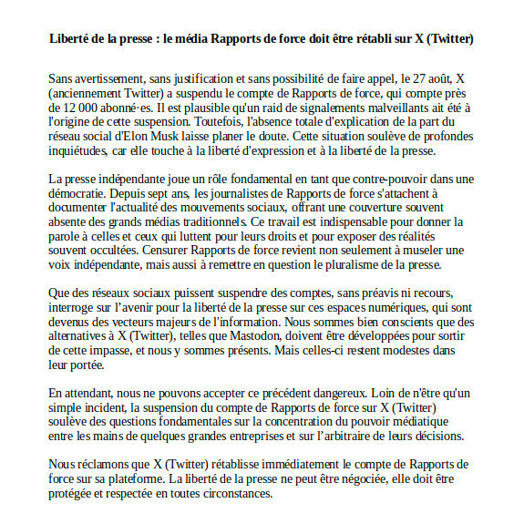 #LiberteDeLaPresse | Le média "Rapports de force" doit être rétabli sur <a href="/XFrance/">X France</a>

Nous réclamons le rétablissement immédiat du compte <a href="/rapportsdeforce/">Rapports de Force</a>. La liberté de la presse ne peut être négociée, elle doit être protégée et respectée en toutes circonstances.