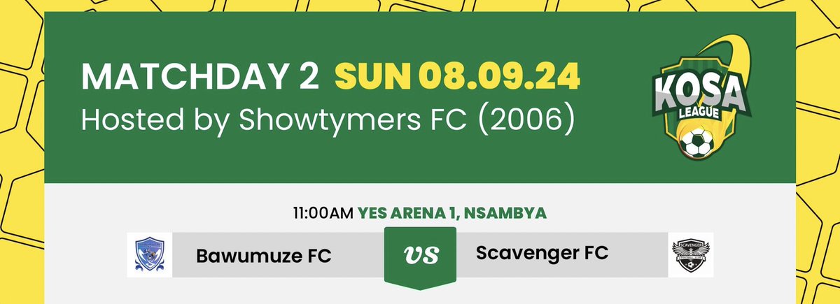 Scavenger ‘18 (@scavengerfc) on Twitter photo We kick off matchday 2 with @falcons2022 at 11:00am. 
This time you should back the early kickoff. 🔥🔥
#KOSALEAGUE We kick off matchday 2 with @falcons2022 at 11:00am. 
This time you should back the early kickoff. 🔥🔥
#KOSALEAGUE