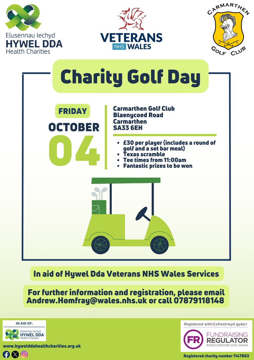 Calling all golfers! You can show your support for Veterans NHS Wales this October by taking part in a fun #charity #golf day 🏌️

The event takes place at <a href="/CarmarthenGC/">Carmarthen Golf Club & Driving Range</a> on 4thOctober 2024.

More info on the poster below! 👇

#Diolch #YourNHSCharity 💚