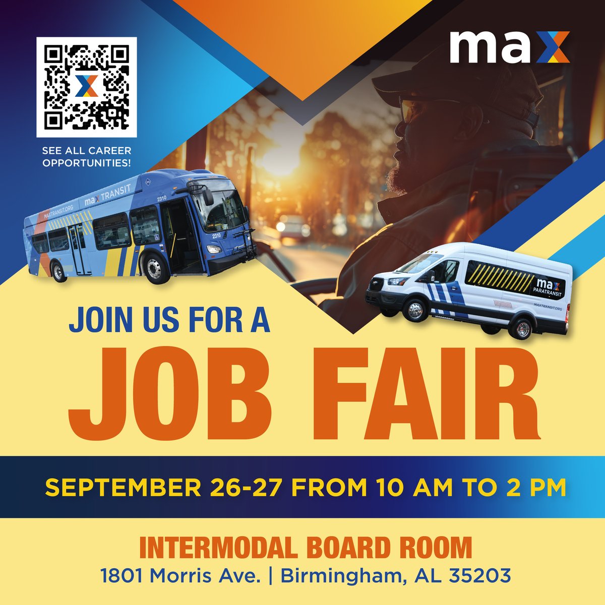 BJCTAMAX's tweet photo. We're #Hiring! Are you passionate about connecting people to where they need to go? Join the MAX Transit team! Meet us Sept. 26-27, 10 a.m. - 2 p.m. in the Intermodal Board Room to learn more. Details here: https://t.co/1XfzhETK8U

#MAXTransit #TransitJobs #JobOpportunity https://t.co/m5gTga8oDa