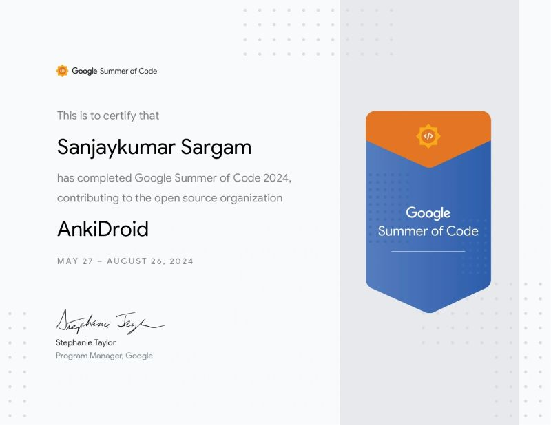 sanjay__sargam's tweet image. Thrilled to have completed my #GSoC project with AnkiDroid! 🚀 It’s been an incredible learning experience, from enhancing UI for larger devices to adding mouse support. Thanks to my mentors @ArthurM_en and David Allison,  and the community for their guidance!