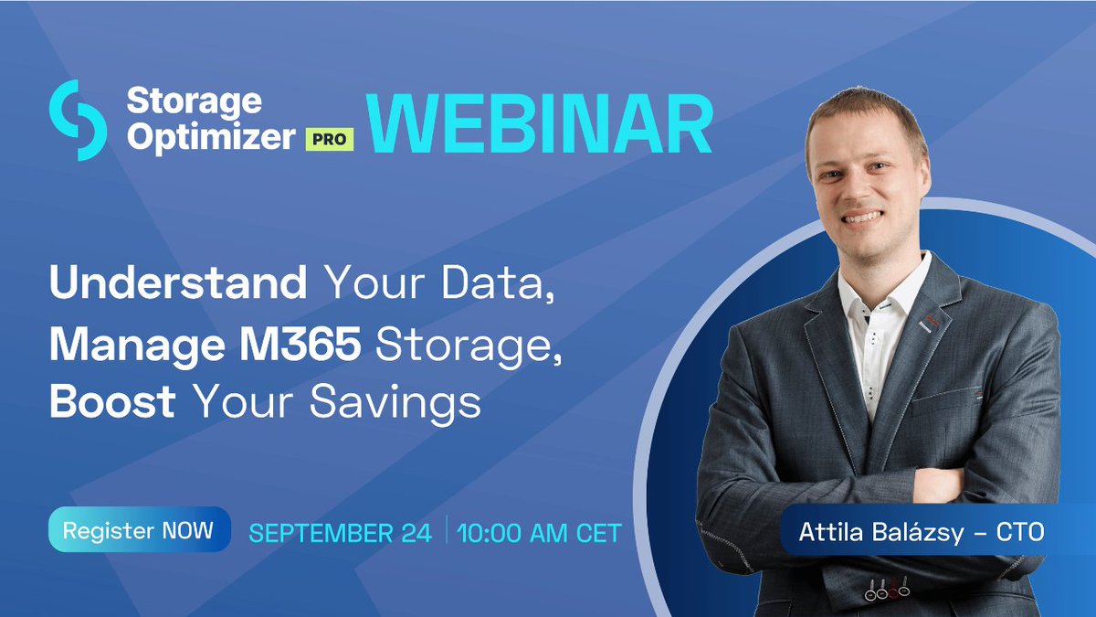TECHARROW's tweet image. 📢 Storage Optimizer PRO Webinar – Unlock Your Storage Potential!

👉 Event link: bit.ly/47ss2f7
📅 Date: September 24, 10 AM CET
🎤 Presenter: Attila Balazsy
We are looking forward to meeting you there!

#StorageOptimizer #M365Storage #TECHARROW #StorageCleanUp