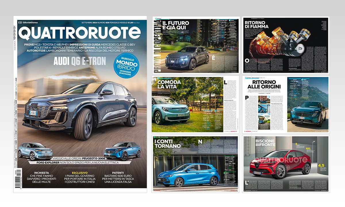 quattroruote's tweet photo. Scopri #4R di settembre con #Audi Q6 e-tron, #Ford Explorer, #Peugeot E-3008, #MG3, #Toyota C-HR, il  dossier QUsato e lo speciale gratuito Mondo Ibrido -> https://t.co/SIE7SyaSGg #auto https://t.co/8zRXYAJOeJ