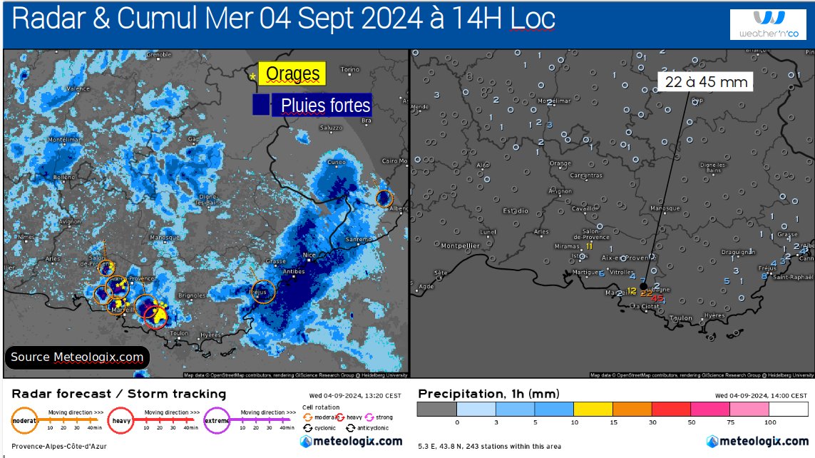 weathernco's tweet photo. #Provences #Alpes #CotedAzurFrance #Corse sous la menace de cet amas convectif très actif qui circule sur le nord de #Minorque à 15H00 loc
Déja 45 mm à #marseille
Source @Yann_amice @meteologix https://t.co/7s1LPw2R9X
