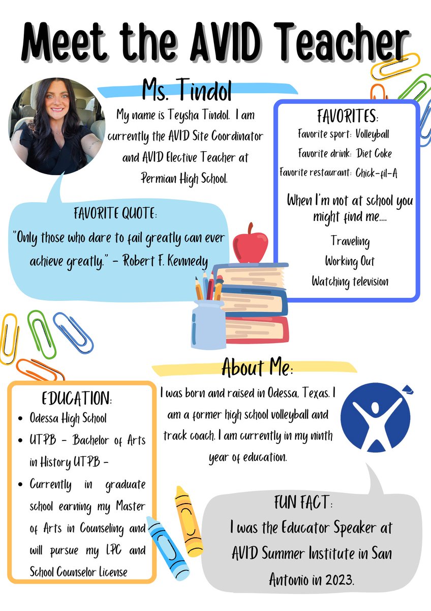 AVID in ACTION (@odtx_avid) on Twitter photo πWelcome back to another veteran AVID Teacher/Coordinator Ms. Tindol <a href="/Permian_GoMOJO/">Permian High School</a> <a href="/EctorCountyISD/">Ector County ISD</a> Fun fact: She will be a future therapist! <a href="/CoachTindol/">Teysha Tindol</a> Keep on Shiningβ¨ <a href="/AVID4College/">AVID</a> #AVID4ECISD #AVID4Possibility #AVIDImpact #TeamECISD <a href="/Abila_inAVID/">Y. Abila</a> πWelcome back to another veteran AVID Teacher/Coordinator Ms. Tindol <a href="/Permian_GoMOJO/">Permian High School</a> <a href="/EctorCountyISD/">Ector County ISD</a> Fun fact: She will be a future therapist! <a href="/CoachTindol/">Teysha Tindol</a> Keep on Shiningβ¨ <a href="/AVID4College/">AVID</a> #AVID4ECISD #AVID4Possibility #AVIDImpact #TeamECISD <a href="/Abila_inAVID/">Y. Abila</a>
