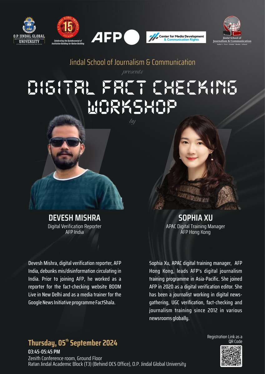 CMDCR (@cmdcr_jgu) on Twitter photo Coming up tomorrow (5 Sep 2024)!
#DigitalFactCheck workshop with Sophia Xu and Devesh Mishra from <a href="/AFPFactCheck/">AFP Fact Check 🔎</a>!
<a href="/jsjc_jgu/">Jindal School of Journalism & Communication (JSJC)</a> <a href="/VenuArora1/">Venu Arora</a> <a href="/JindalGlobalUNI/">JGU</a> <a href="/kishalay/">kishalay b</a> Coming up tomorrow (5 Sep 2024)!
#DigitalFactCheck workshop with Sophia Xu and Devesh Mishra from <a href="/AFPFactCheck/">AFP Fact Check 🔎</a>!
<a href="/jsjc_jgu/">Jindal School of Journalism & Communication (JSJC)</a> <a href="/VenuArora1/">Venu Arora</a> <a href="/JindalGlobalUNI/">JGU</a> <a href="/kishalay/">kishalay b</a>