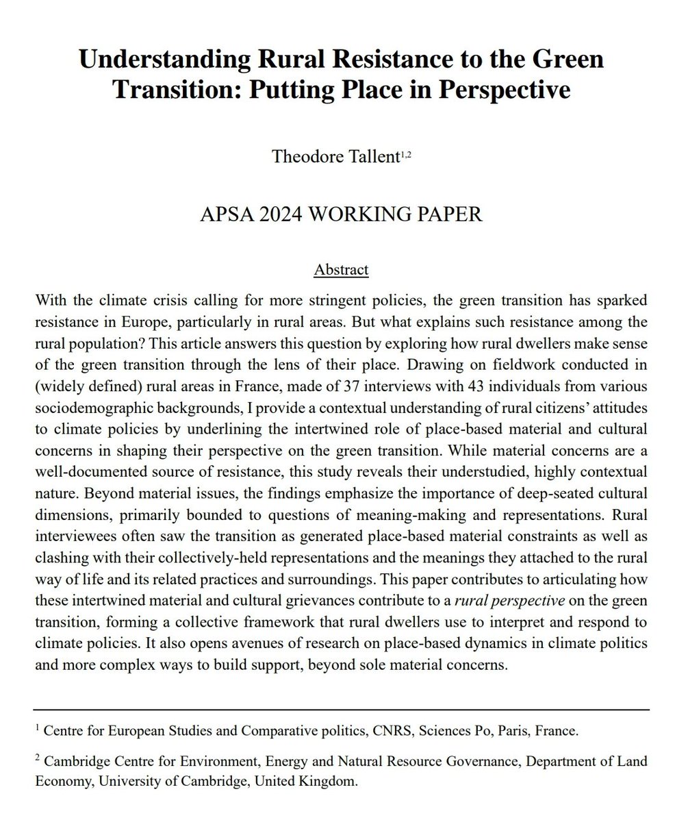 Excited to attend #APSA2024 this week. I'll present my work on the drivers of resistance to the green transition in rural Europe. ⤵️

Join our panel on the challenges of a just and democratic green transition on Saturday, 4pm (📍Mariott Downtown, room 403). See you there!
