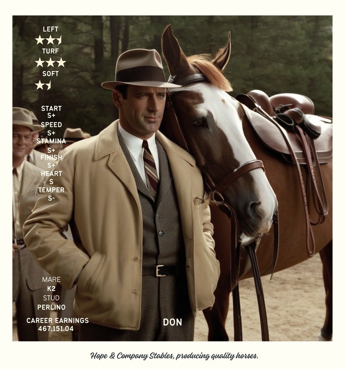 Elite gen1 K2 S+ blood 🩸 

Don Draper 💼 

At only 4k again in the <a href="/photofinishgame/">Photo Finish™ LIVE 🌹 🐎 Virtual Horse Racing</a> stud market 🤯 

Elite racing blood. Proven maker of S+ foals 🧬 

Direct brother to major winner Kimberly Clark 🏆 

photofinish.live/horses/954ba3c…

🆓