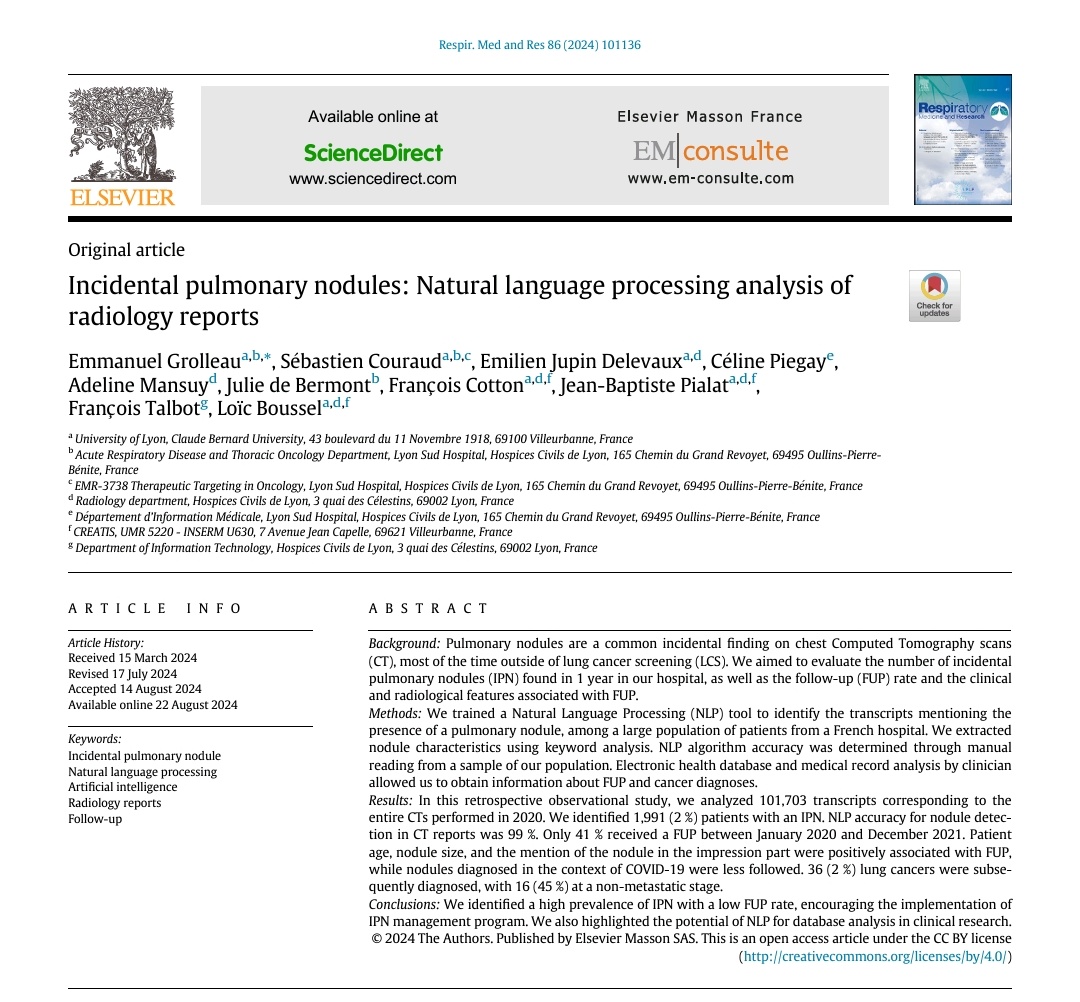 Sébastien Couraud 🫁🚭🌍 (@s_couraud) on Twitter photo Super proud of this paper written in collaboration with our radiological and our IT departements about our incidental lung nodule program.
Congrats to <a href="/GrolleauEm/">Grolleau Emmanuel</a>, Loic Boussel and François Talbot for the huge work!
We go ahead with a pilot project with this tool. <a href="/CHUdeLyon/">HCL - Hospices Civils de Lyon</a> Super proud of this paper written in collaboration with our radiological and our IT departements about our incidental lung nodule program.
Congrats to <a href="/GrolleauEm/">Grolleau Emmanuel</a>, Loic Boussel and François Talbot for the huge work!
We go ahead with a pilot project with this tool. <a href="/CHUdeLyon/">HCL - Hospices Civils de Lyon</a>