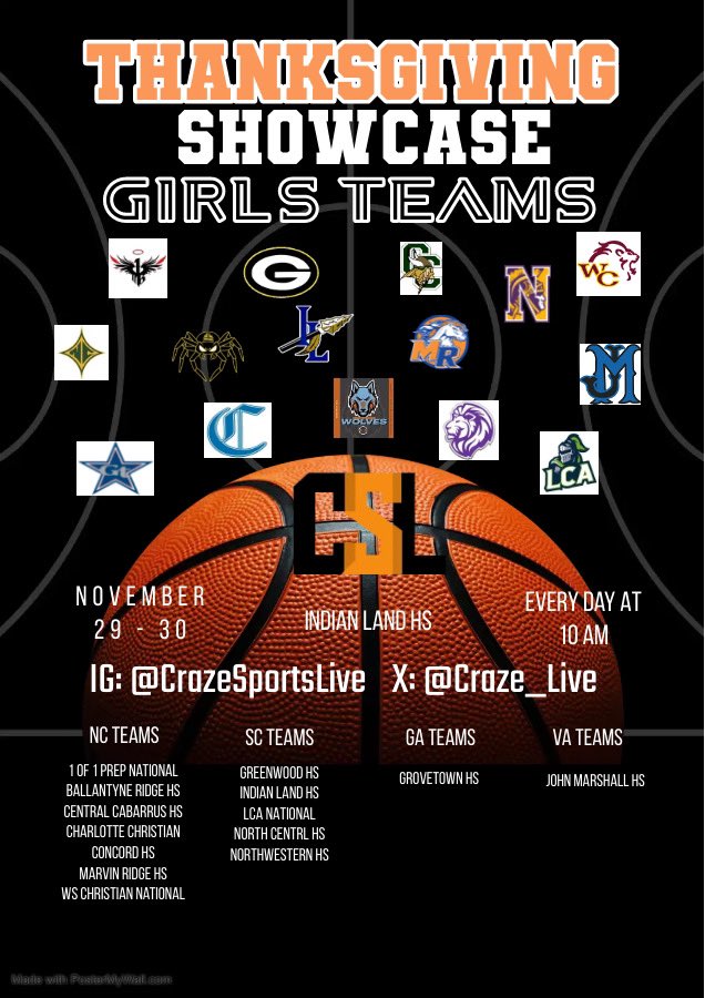 CrazeSportsLive (@craze_live) on Twitter photo HS Girls Showcase Basketball. 16 Teams from 4 States competing. Excited to host the following girls teams. Schedule will be posted soon.
@1of1prepwbb <a href="/grovetowngbb/">Grovetown Girls Basketball</a> <a href="/charchristgbb/">CCS Women’s Basketball</a> <a href="/indianlandgbb1/">Indian Land Girls Basketball</a> <a href="/brhswolves_wbb/">Ballantyne Ridge Women's Basketball</a> @cchs_wbball <a href="/MRHS_WBBALL/">Marvin Ridge</a> <a href="/DubC_WBB/">West Charlotte Lady Lions BB 🏀</a> <a href="/legiongirlsbb/">Lady Lancer Hoops</a> @concordwbb HS Girls Showcase Basketball. 16 Teams from 4 States competing. Excited to host the following girls teams. Schedule will be posted soon.
@1of1prepwbb <a href="/grovetowngbb/">Grovetown Girls Basketball</a> <a href="/charchristgbb/">CCS Women’s Basketball</a> <a href="/indianlandgbb1/">Indian Land Girls Basketball</a> <a href="/brhswolves_wbb/">Ballantyne Ridge Women's Basketball</a> @cchs_wbball <a href="/MRHS_WBBALL/">Marvin Ridge</a> <a href="/DubC_WBB/">West Charlotte Lady Lions BB 🏀</a> <a href="/legiongirlsbb/">Lady Lancer Hoops</a> @concordwbb