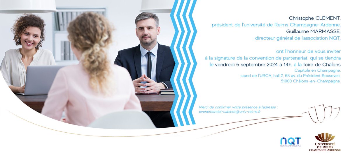 La mission Insertion professionnelle de l'URCA vous invite à nous rejoindre  lors de la signature de la convention de partenariat avec NQT, sur la  Foire de Châlons. Le lundi 2 septembre à 16h sur le stand de l'URCA  hall 2. Pour plus d'infos, contactez-nous en MP