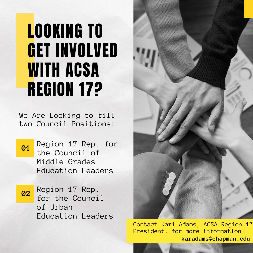 ACSA Region 17 (@acsaxvii) on Twitter photo 🌟 Get Involved with ACSA! 🌟 Region 17 needs reps for Middle Grades & Urban Ed Leaders. Learn more: acsa.org/About-Us/commi…. Contact karadams@chapman.edu for more info <a href="/kariadams82/">Kari Adams</a> <a href="/ACSA_info/">ACSA</a> 🌟 Get Involved with ACSA! 🌟 Region 17 needs reps for Middle Grades & Urban Ed Leaders. Learn more: acsa.org/About-Us/commi…. Contact karadams@chapman.edu for more info <a href="/kariadams82/">Kari Adams</a> <a href="/ACSA_info/">ACSA</a>