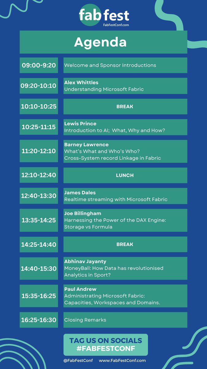 FabFestConf (@fabfestconf) on Twitter photo Less than 1 month until FabFest! Don't miss an agenda packed with great speakers and inspiring speeches on 3.10.2024!🚀
👇
FabFestConf.com
<a href="/SQLBarney/">Barney Lawrence</a> <a href="/data_abhinavj/">Abhi Jayanty</a> <a href="/jamesdales/">James Dales</a> <a href="/mrpaulandrew/">Paul Andrew (mrpaulandrew.bsky.social)</a> <a href="/AlexWhittles/">Alex Whittles</a> <a href="/TheDataRhino/">The Data Rhino</a> <a href="/DataLuthier/">Joe Billingham</a>
#AI #MicrosoftFabric #FabFest2024 Less than 1 month until FabFest! Don't miss an agenda packed with great speakers and inspiring speeches on 3.10.2024!🚀
👇
FabFestConf.com
<a href="/SQLBarney/">Barney Lawrence</a> <a href="/data_abhinavj/">Abhi Jayanty</a> <a href="/jamesdales/">James Dales</a> <a href="/mrpaulandrew/">Paul Andrew (mrpaulandrew.bsky.social)</a> <a href="/AlexWhittles/">Alex Whittles</a> <a href="/TheDataRhino/">The Data Rhino</a> <a href="/DataLuthier/">Joe Billingham</a>
#AI #MicrosoftFabric #FabFest2024