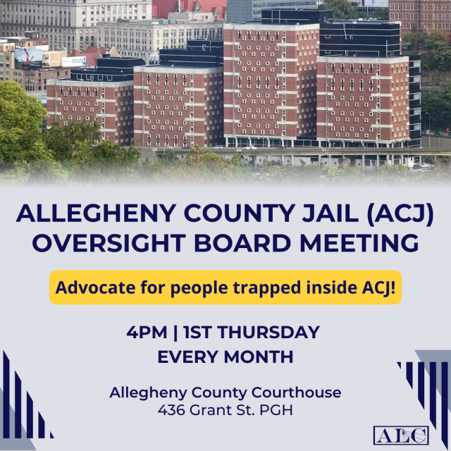 Allegheny County Jail Oversight Board monthly meeting
📅Thurs. 9/5 | 4–6 PM
County Courthouse: 436 Grant St, 4th Flr Gold Rm PGH
>> Help hold county leaders accountable for the ongoing use of solitary confinement &amp; other abuses in our county jail. Join us at this public meeting.