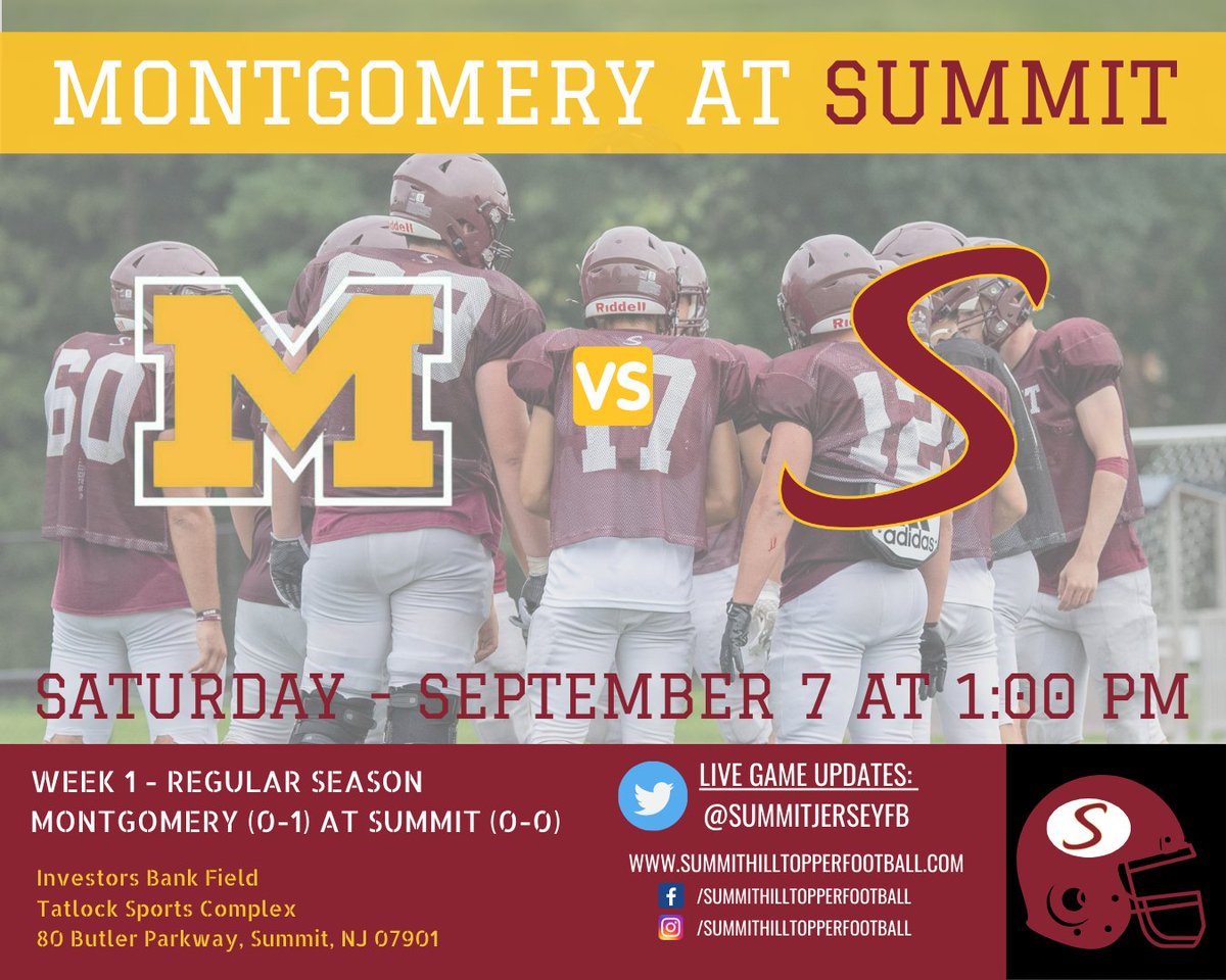 Summit Hilltopper Football (@summitjerseyfb) on Twitter photo Week 1 - Regular Season
<a href="/FootballMonty/">Zoran Milich</a> (0-1) at Summit (0-0)
Saturday - September 7 at 1:00 PM
Investors Bank Field
Tatlock Sports Complex
80 Butler Parkway, Summit, NJ 07901 Week 1 - Regular Season
<a href="/FootballMonty/">Zoran Milich</a> (0-1) at Summit (0-0)
Saturday - September 7 at 1:00 PM
Investors Bank Field
Tatlock Sports Complex
80 Butler Parkway, Summit, NJ 07901