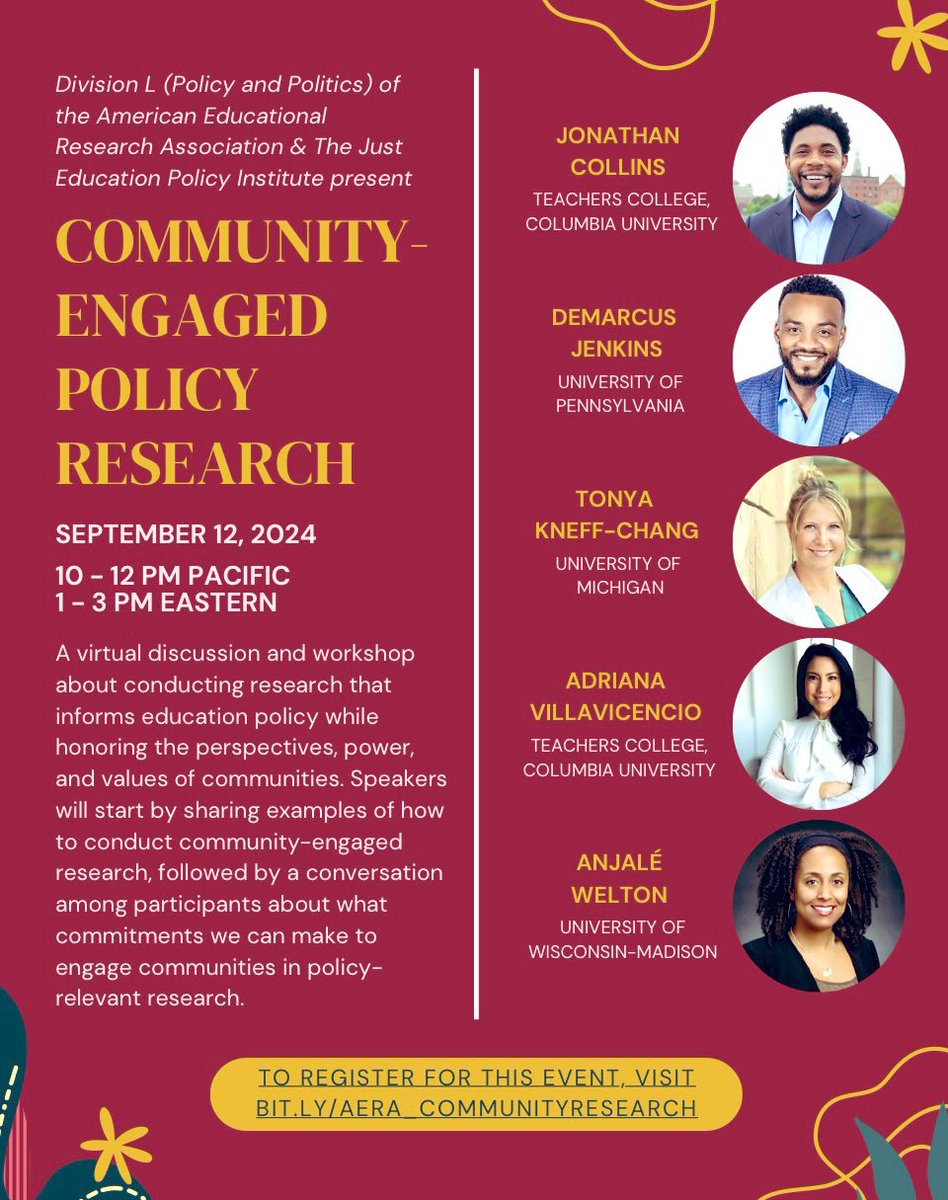Sheneka Williams (@vandygrad07) on Twitter photo Please join <a href="/Division_L/">AERA Division L</a> as we host a webinar on Community-Engaged Policy Research, 9/12/24. We hope to see you there! Please join <a href="/Division_L/">AERA Division L</a> as we host a webinar on Community-Engaged Policy Research, 9/12/24. We hope to see you there!