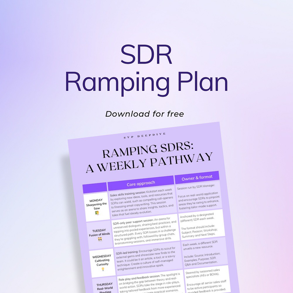 secondvoicepro's tweet image. Our SDR ramping plan provides a day-by-day schedule to ensure a fully personalised but fully rounded plan to get SDRs to their most productive.

TUESDAY - Fusion of Minds 👯

Get the full agenda: Ramping SDRs -  Weekly Plan

👉 lttr.ai/AWkqN

#ManagingSDRs