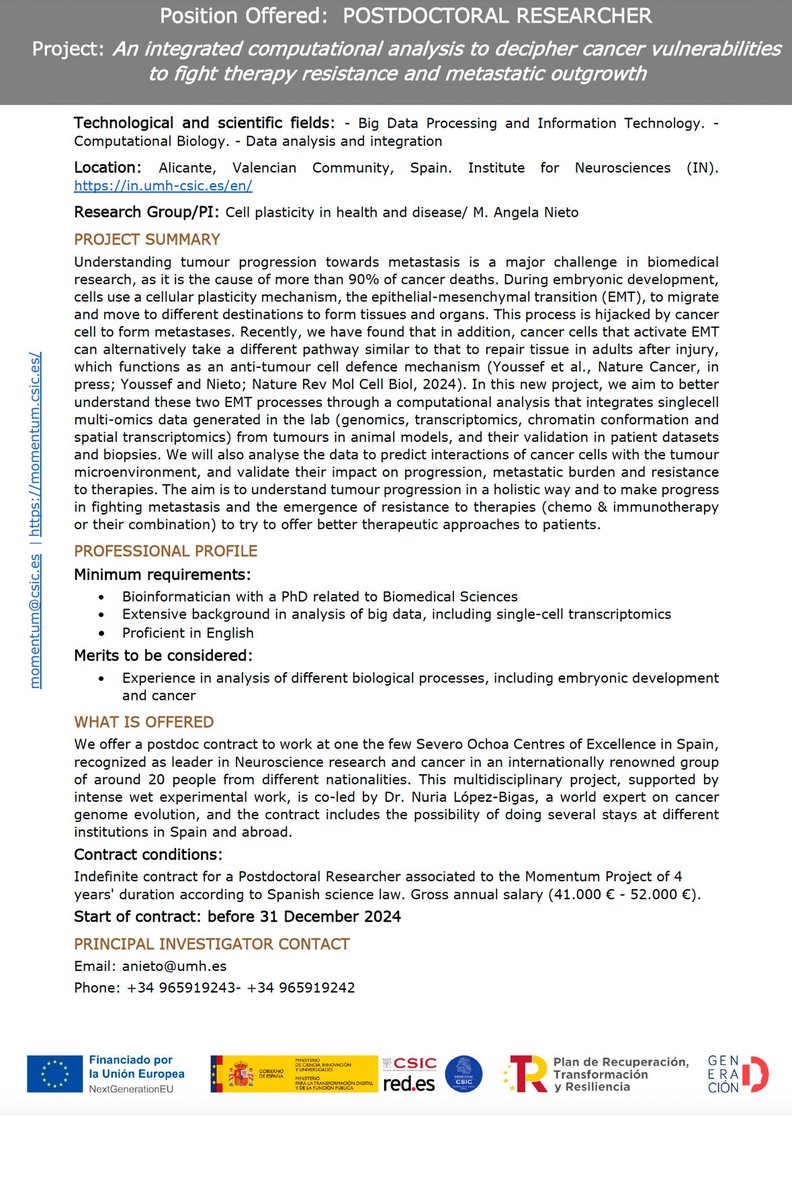 Angela Nieto (@nietoangela) on Twitter photo #JobOffer 4y Postdoc contract from the MOMENTUM program momentum.csic.es/en/ in my lab. Start date before December 31st, 2024. See details below. <a href="/NeuroAlc/">Instituto de Neurociencias UMH-CSIC</a> <a href="/CSIC/">CSIC</a> <a href="/UniversidadMH/">UMH</a> <a href="/ASEICAnews/">ASEICA</a> <a href="/RACiencias/">RACiencias</a> @SEBD <a href="/CancerCSIC/">Conexión Cáncer CSIC</a> #JobOffer 4y Postdoc contract from the MOMENTUM program momentum.csic.es/en/ in my lab. Start date before December 31st, 2024. See details below. <a href="/NeuroAlc/">Instituto de Neurociencias UMH-CSIC</a> <a href="/CSIC/">CSIC</a> <a href="/UniversidadMH/">UMH</a> <a href="/ASEICAnews/">ASEICA</a> <a href="/RACiencias/">RACiencias</a> @SEBD <a href="/CancerCSIC/">Conexión Cáncer CSIC</a>