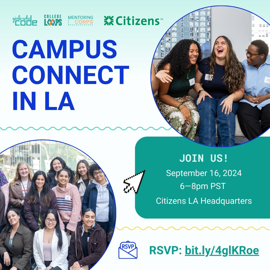 Girls Who Code takes LA! ✈️ 🌴Girls Who Code is teaming up with <a href="/CitizensBank/">Citizens</a> for its very first GWC Campus Connect Meetup in Los Angeles, California. Cali, get ready to expand your network and gain firsthand valuable insights into the tech world. 

Join us on Monday, 9/16, for