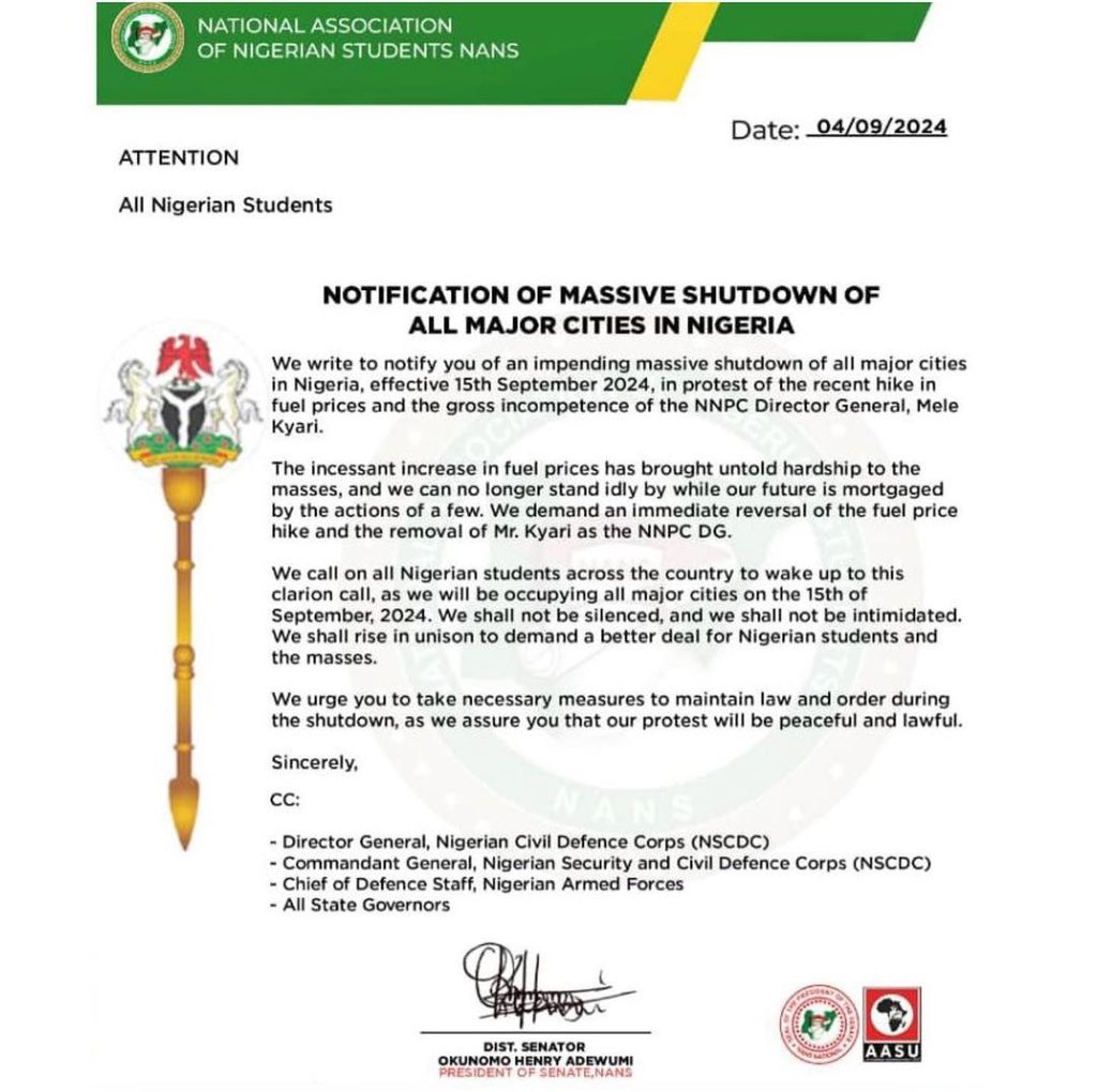 instablog9ja's tweet image. Just In: NANS announces nationwide protests over the increase in pump price, plans to shut down all major cities