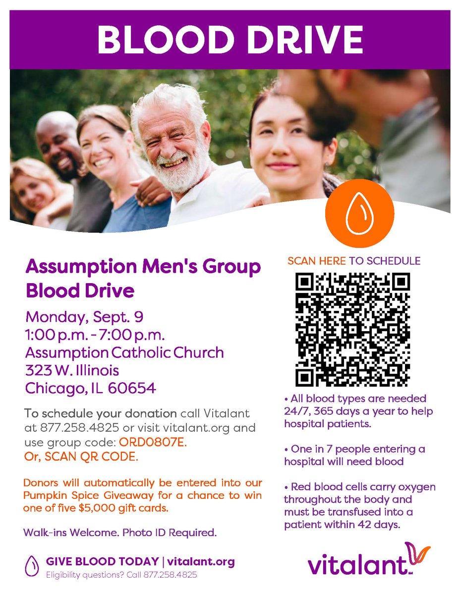 RNRA_Chicago's tweet photo. Upcoming Blood Drive - Assumption Men's Group is sponsoring a Blood Drive on Mon, Sept 9th from 1:00 p.m. to 7:00 p.m. at 323 W. Illinois Street, Chicago (Assumption Catholic Church).  See information below to schedule   Walk-ins welcome.  Photo ID required. https://t.co/3brsqzJXam