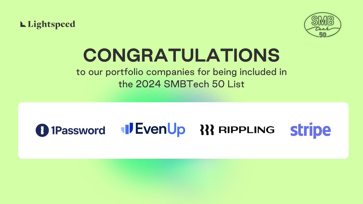lightspeedvp's tweet image. Every year, the #SMBTech50 List is handpicked by 30+ VC firms to celebrate software companies that build solutions with small and medium-sized businesses in mind. Congratulations to Lightspeed-backed @1Password, @EvenUpLaw, @Rippling, and @Stripe for being recognized on this…